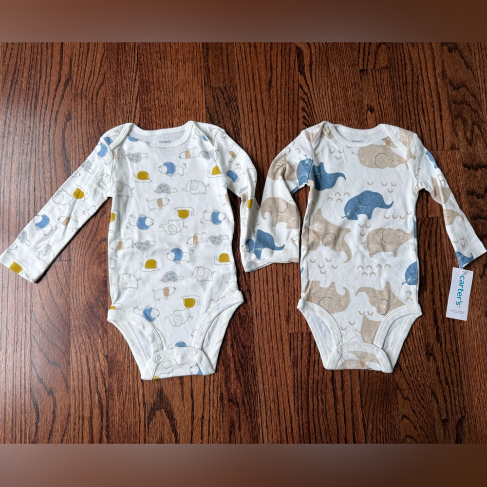 NWT Carter's Blue & Tan Long Sleeve Baby Bodysuits - Size 9 months